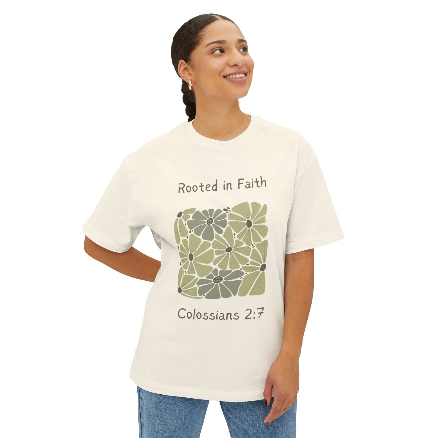 Rooted in Faith Colossians 2:7 Box Tee Green