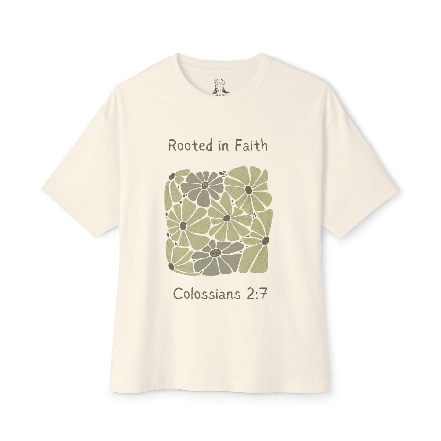 Rooted in Faith Colossians 2:7 Box Tee Green